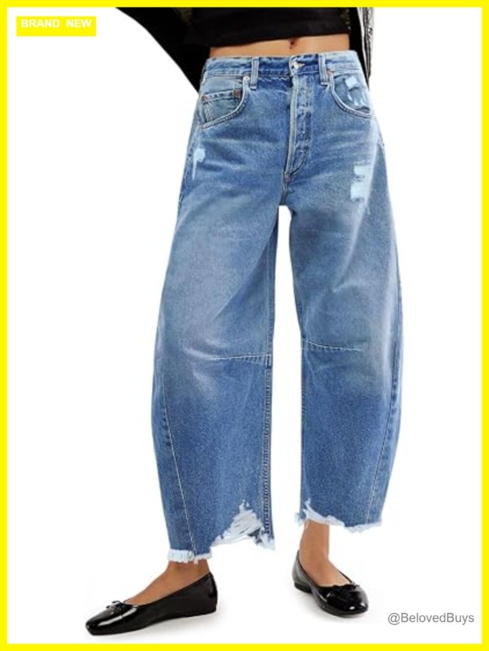 High Waisted Barrel Horseshoe Baggy Jeans Raw Hem Non Stretch